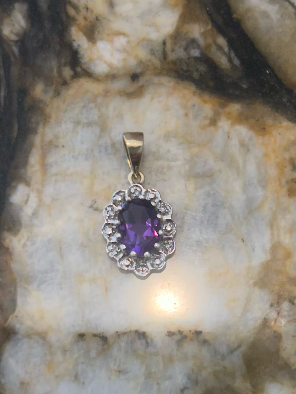 Classic Amethyst Halo Pendant in 10k Gold/White Gold W/Diamonds